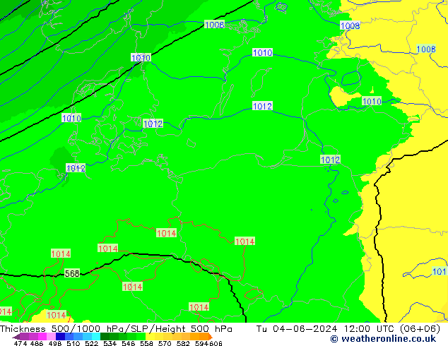 Thck 500-1000hPa UK-Global Út 04.06.2024 12 UTC