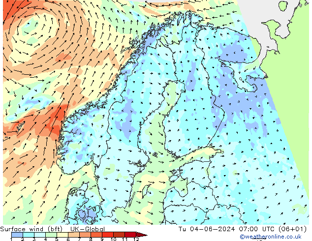 Vento 10 m (bft) UK-Global Ter 04.06.2024 07 UTC