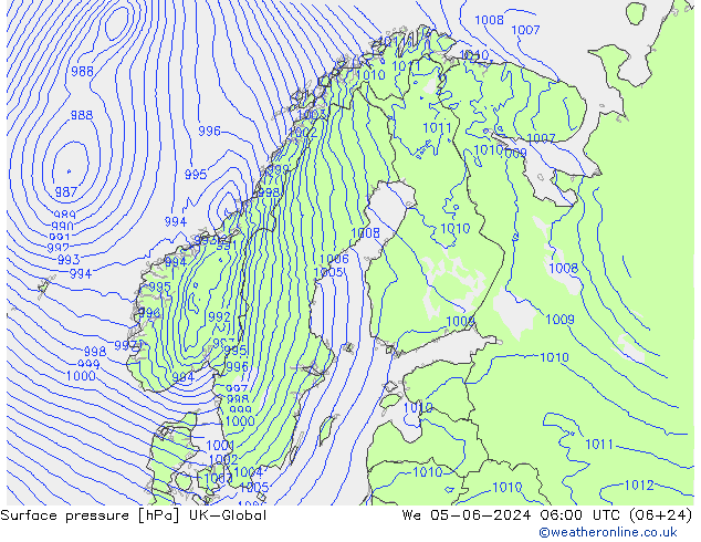 Pressione al suolo UK-Global mer 05.06.2024 06 UTC