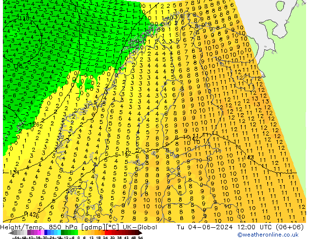 Height/Temp. 850 гПа UK-Global вт 04.06.2024 12 UTC