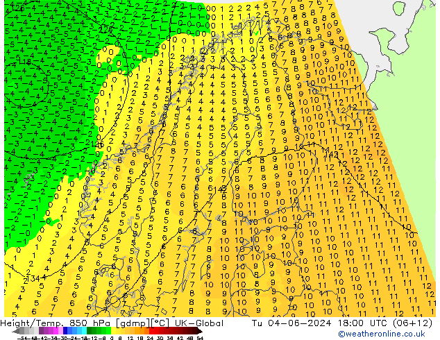 Height/Temp. 850 hPa UK-Global Di 04.06.2024 18 UTC