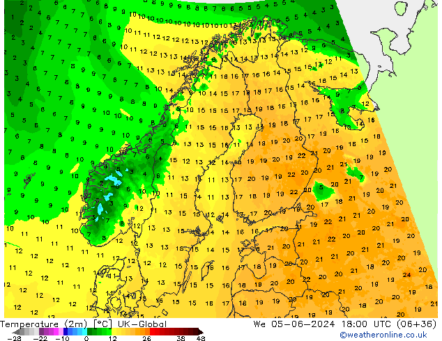 Temperature (2m) UK-Global We 05.06.2024 18 UTC