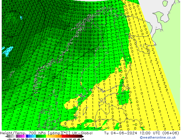 Height/Temp. 700 гПа UK-Global вт 04.06.2024 12 UTC