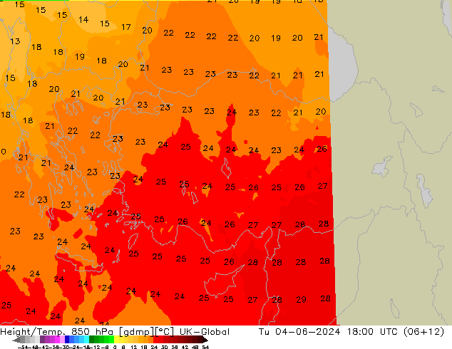 Height/Temp. 850 hPa UK-Global Tu 04.06.2024 18 UTC