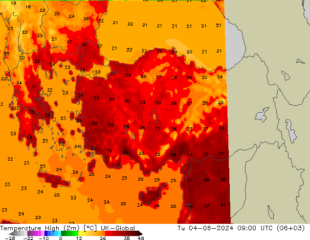 Temp. massima (2m) UK-Global mar 04.06.2024 09 UTC