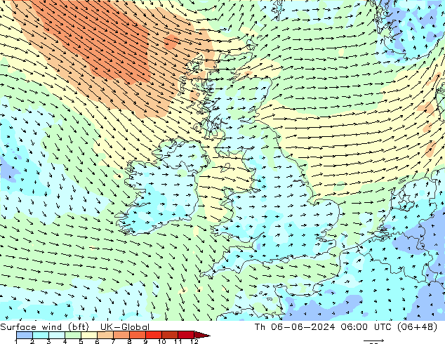 Viento 10 m (bft) UK-Global jue 06.06.2024 06 UTC