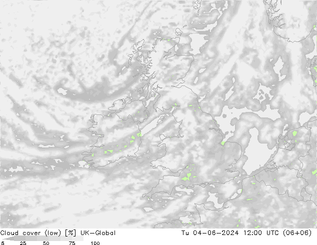 Cloud cover (low) UK-Global Tu 04.06.2024 12 UTC