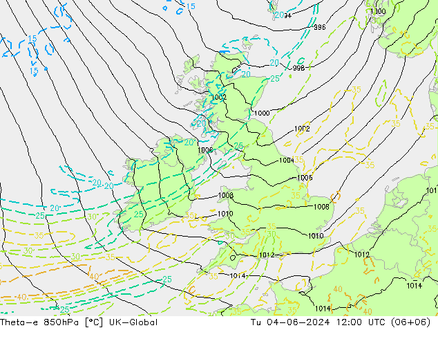 Theta-e 850hPa UK-Global mar 04.06.2024 12 UTC