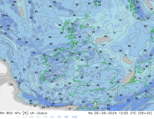 RH 850 hPa UK-Global We 05.06.2024 12 UTC