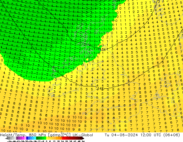 Height/Temp. 850 hPa UK-Global  04.06.2024 12 UTC