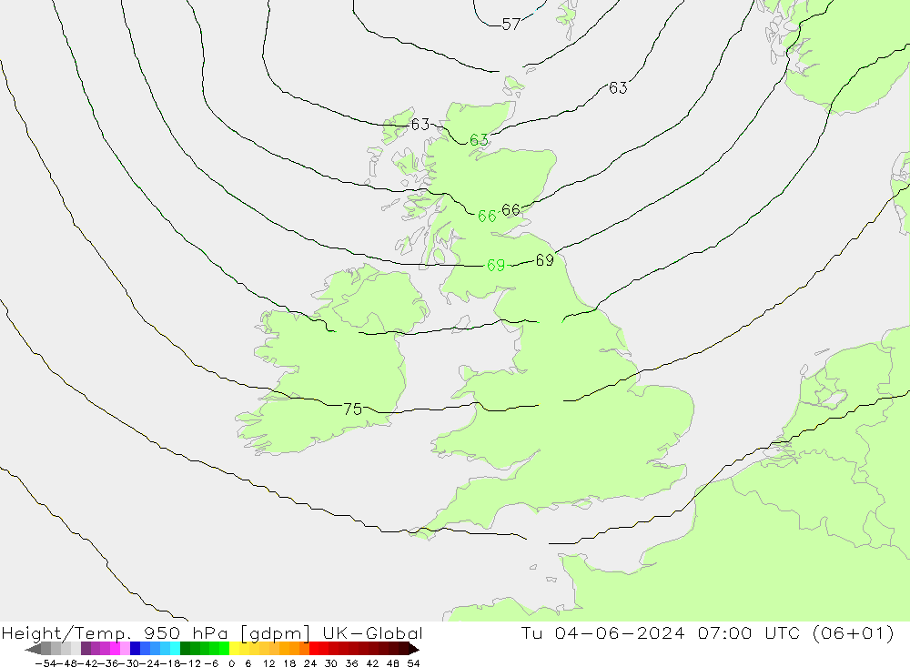 Height/Temp. 950 hPa UK-Global Tu 04.06.2024 07 UTC