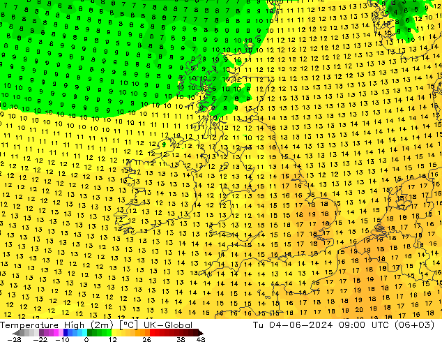 Темпер. макс 2т UK-Global вт 04.06.2024 09 UTC