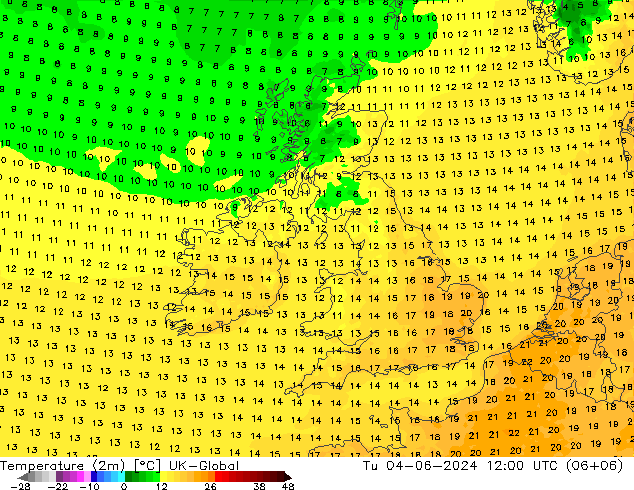 mapa temperatury (2m) UK-Global wto. 04.06.2024 12 UTC
