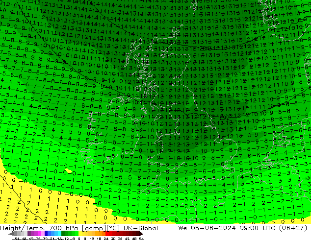 Height/Temp. 700 hPa UK-Global St 05.06.2024 09 UTC