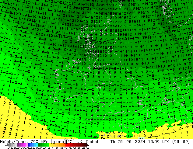 Géop./Temp. 700 hPa UK-Global jeu 06.06.2024 18 UTC