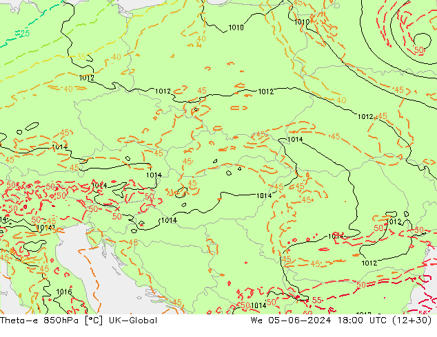 Theta-e 850hPa UK-Global Qua 05.06.2024 18 UTC