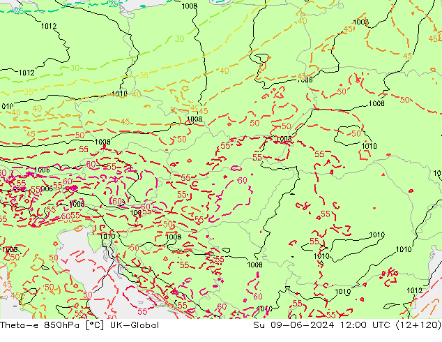 Theta-e 850hPa UK-Global Ne 09.06.2024 12 UTC