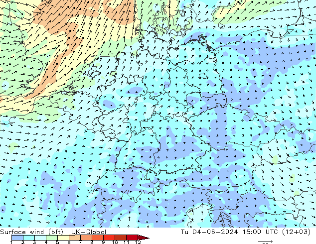 Surface wind (bft) UK-Global Tu 04.06.2024 15 UTC