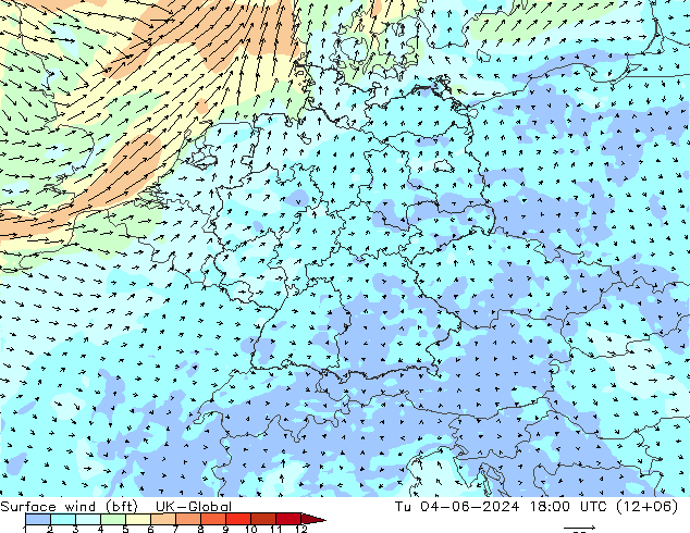 Bodenwind (bft) UK-Global Di 04.06.2024 18 UTC