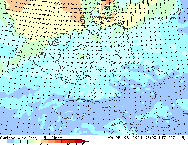 Wind 10 m (bft) UK-Global wo 05.06.2024 06 UTC