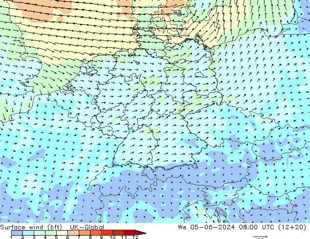wiatr 10 m (bft) UK-Global śro. 05.06.2024 08 UTC