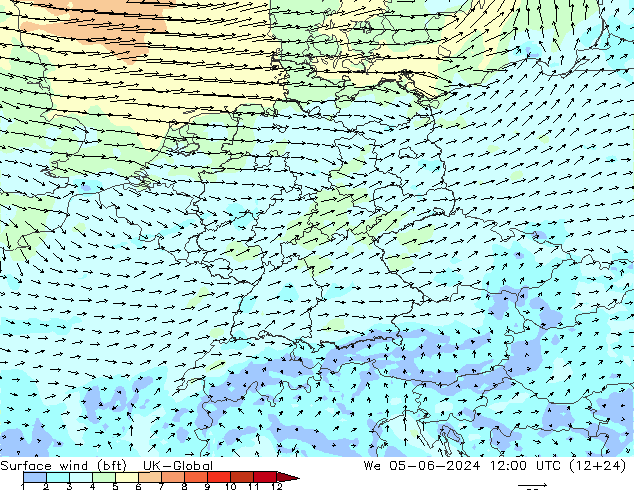Wind 10 m (bft) UK-Global wo 05.06.2024 12 UTC
