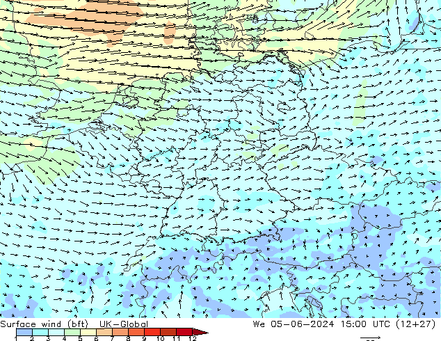 Rüzgar 10 m (bft) UK-Global Çar 05.06.2024 15 UTC