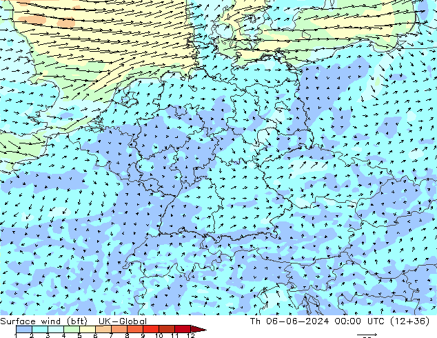 Viento 10 m (bft) UK-Global jue 06.06.2024 00 UTC