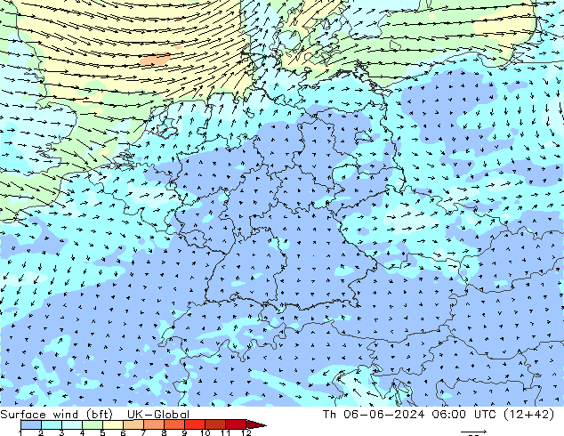 Surface wind (bft) UK-Global Th 06.06.2024 06 UTC