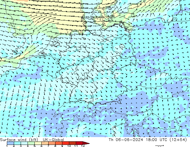 Surface wind (bft) UK-Global Th 06.06.2024 18 UTC