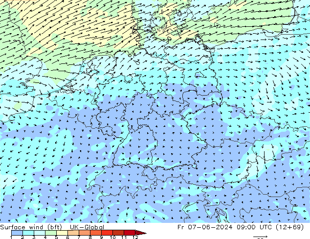 Vento 10 m (bft) UK-Global Sex 07.06.2024 09 UTC