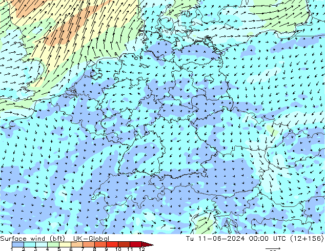 Vento 10 m (bft) UK-Global Ter 11.06.2024 00 UTC