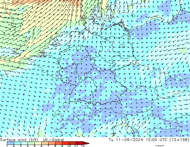 Vent 10 m (bft) UK-Global mar 11.06.2024 12 UTC