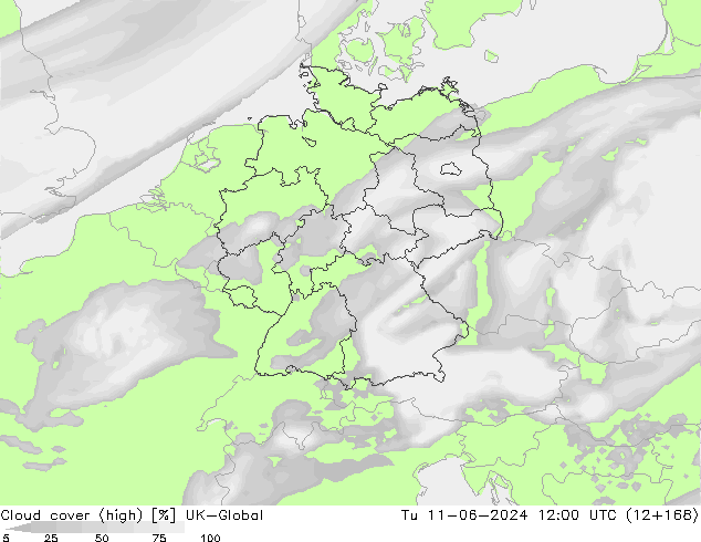 Cloud cover (high) UK-Global Tu 11.06.2024 12 UTC