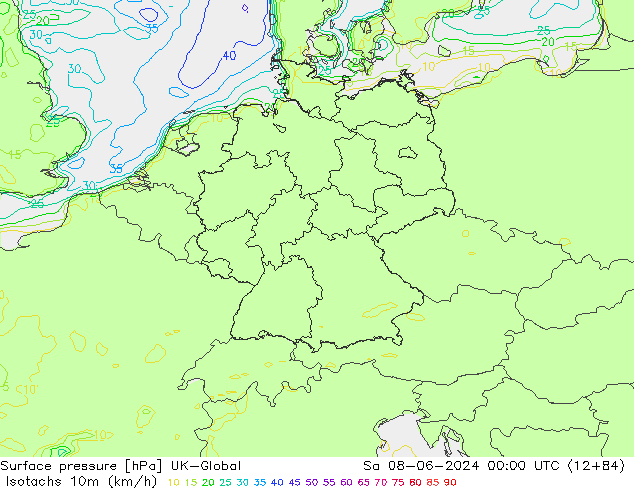 Isotachen (km/h) UK-Global Sa 08.06.2024 00 UTC