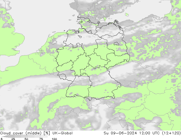 Cloud cover (middle) UK-Global Su 09.06.2024 12 UTC