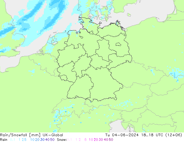 Rain/Snowfall UK-Global 星期二 04.06.2024 18 UTC