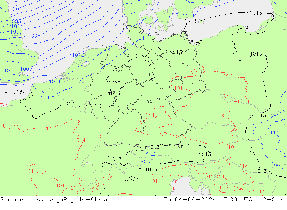 Surface pressure UK-Global Tu 04.06.2024 13 UTC