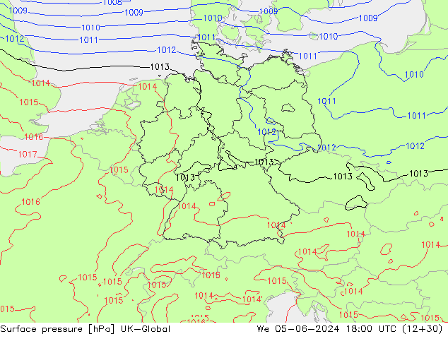 Pressione al suolo UK-Global mer 05.06.2024 18 UTC