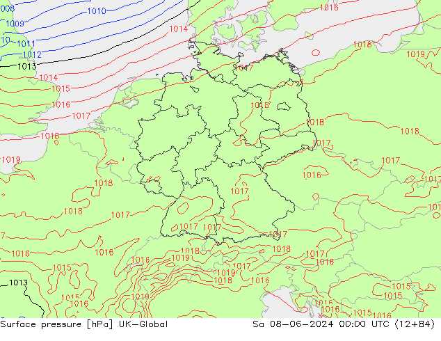 Pressione al suolo UK-Global sab 08.06.2024 00 UTC