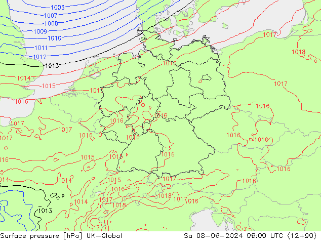 Pressione al suolo UK-Global sab 08.06.2024 06 UTC