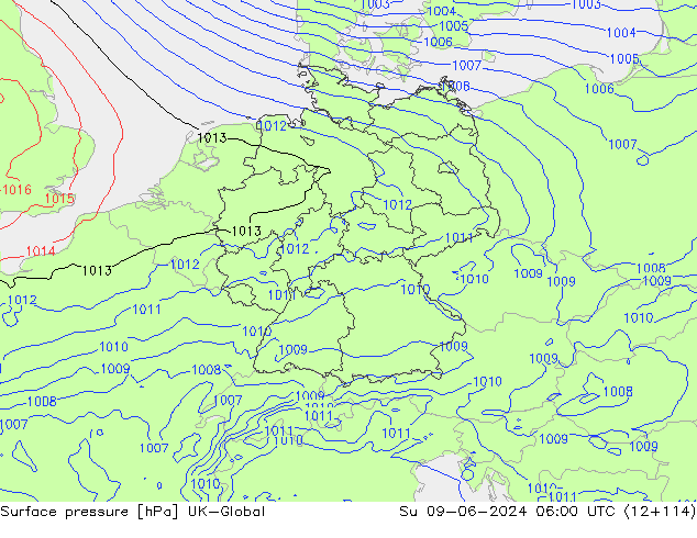 Surface pressure UK-Global Su 09.06.2024 06 UTC