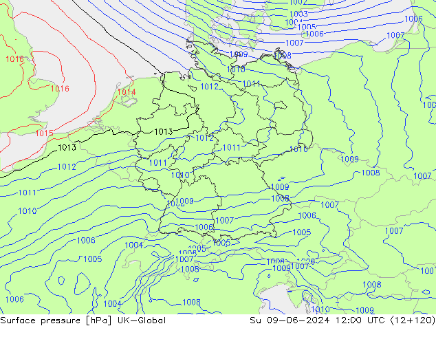 Surface pressure UK-Global Su 09.06.2024 12 UTC