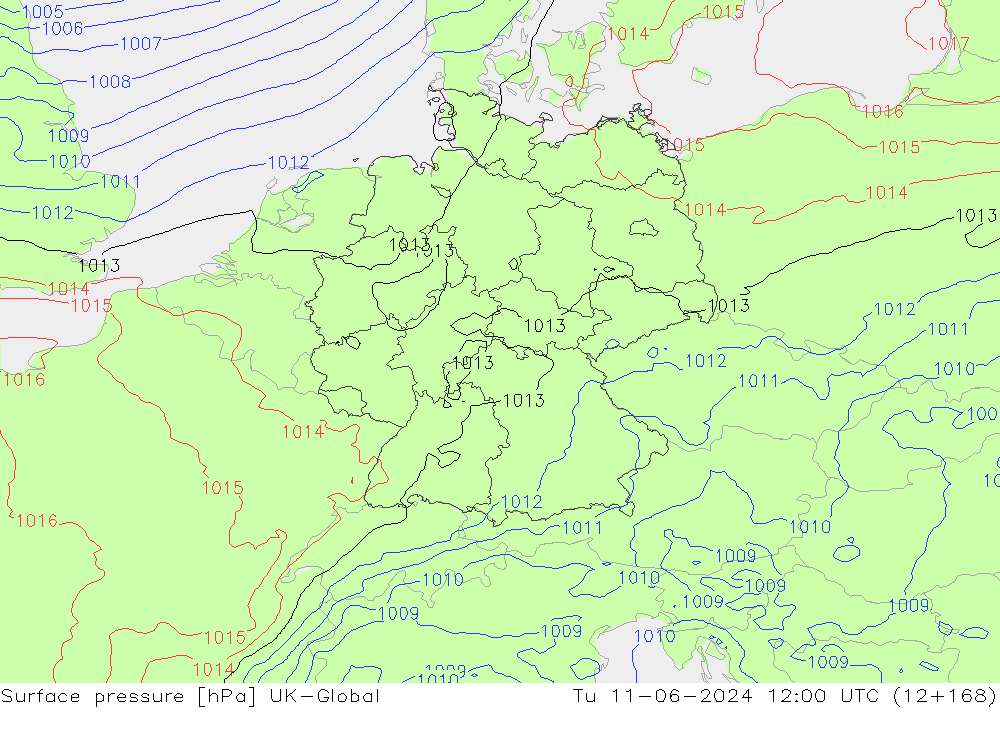 Atmosférický tlak UK-Global Út 11.06.2024 12 UTC