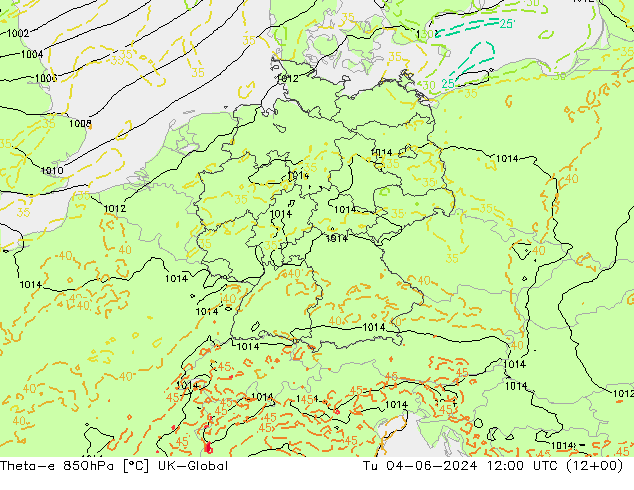 Theta-e 850hPa UK-Global di 04.06.2024 12 UTC