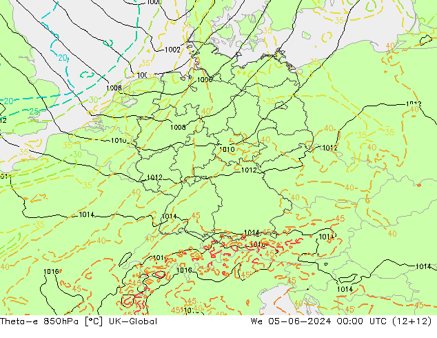 Theta-e 850hPa UK-Global wo 05.06.2024 00 UTC
