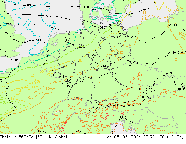 Theta-e 850hPa UK-Global We 05.06.2024 12 UTC