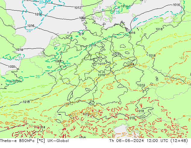 Theta-e 850hPa UK-Global Th 06.06.2024 12 UTC