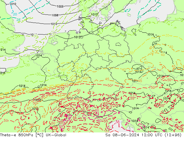 Theta-e 850гПа UK-Global сб 08.06.2024 12 UTC