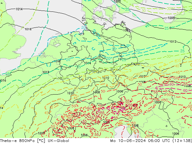 Theta-e 850hPa UK-Global lun 10.06.2024 06 UTC